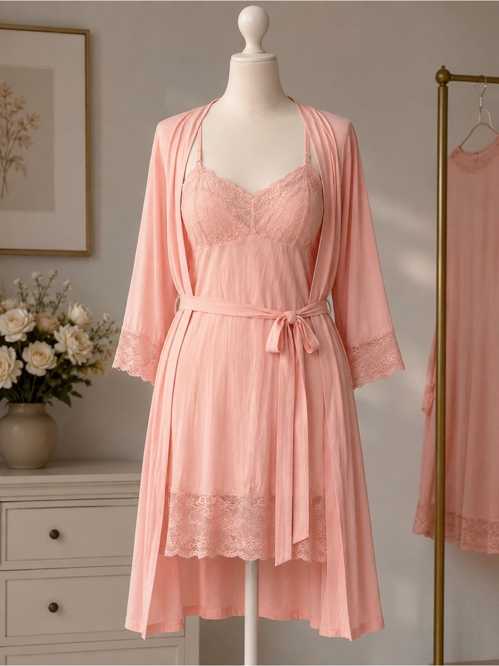 FimiRilla Women's Pink Lace Trim Kimono Robe Belted Tie V-Neck Size L